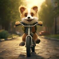 fofa e animado cachorro equitação uma bicicleta e uma pequeno sorridente face lindo fundo foto