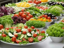 uma mesa coberto com grande quantidade do diferente tipos do saladas. ai gerado foto