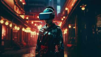 generativo ai, lindo ásia pessoa dentro samurai terno dentro vr óculos dentro néon espaço rua, virtual realidade fone de ouvido dentro ciberespaço foto