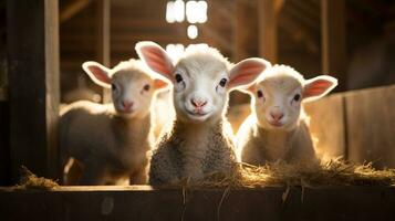 generativo ai, pequeno cordeiros olhando às a Câmera em uma fazenda, bebê ovelhas foto