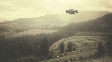 generativo ai, UFO sobre a italiano panorama vintage foto, alienígenas testemunhas retro Década de 1930 estilo fotografia foto