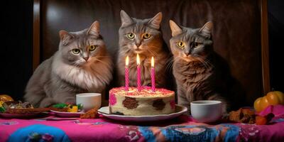 generativo ai, gato aniversário festa, bolo com uma velas foto