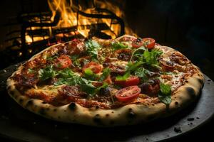 calabresa pizza com mozzarella queijo, tomates e manjericão em de madeira mesa , ai generativo foto