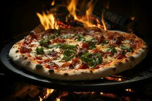 calabresa pizza com mozzarella queijo, tomates e manjericão em de madeira mesa , ai generativo foto