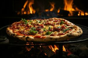 calabresa pizza com mozzarella queijo, tomates e manjericão em de madeira mesa , ai generativo foto