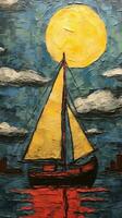 generativo ai, pintado arte barco a vela, Porto em a pôr do sol. cumulus nuvens, inspirado de Bernardo bufê. mão desenhado navio foto
