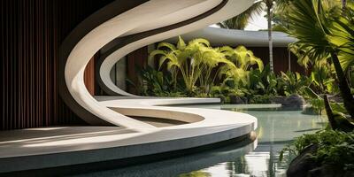 generativo ai, moderno luxo casa com exuberante tropical jardim. vila, hotel recorrer, arquitetônico fotografia dentro a estilo do futurista curvas foto