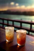 uma casal do bebidas sentado em topo do uma de madeira mesa. ai gerado foto