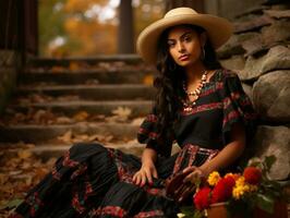 foto do emocional dinâmico pose mexicano mulher dentro outono ai generativo