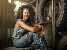 foto tiro do uma natural mulher trabalhando Como uma construção trabalhador ai generativo