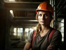 foto tiro do uma natural mulher trabalhando Como uma construção trabalhador ai generativo