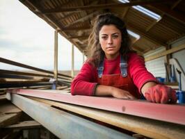 foto tiro do uma natural mulher trabalhando Como uma construção trabalhador ai generativo