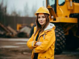 foto tiro do uma natural mulher trabalhando Como uma construção trabalhador ai generativo