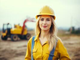 foto tiro do uma natural mulher trabalhando Como uma construção trabalhador ai generativo