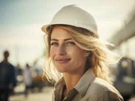 foto tiro do uma natural mulher trabalhando Como uma construção trabalhador ai generativo