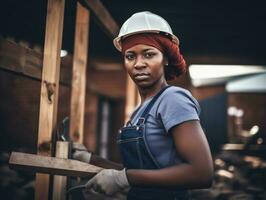 foto tiro do uma natural mulher trabalhando Como uma construção trabalhador ai generativo