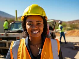 foto tiro do uma natural mulher trabalhando Como uma construção trabalhador ai generativo