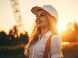 foto tiro do uma natural mulher trabalhando Como uma construção trabalhador ai generativo