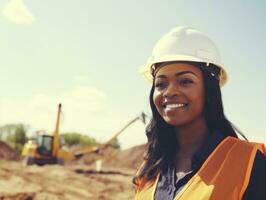 foto tiro do uma natural mulher trabalhando Como uma construção trabalhador ai generativo