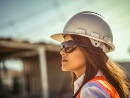 foto tiro do uma natural mulher trabalhando Como uma construção trabalhador ai generativo