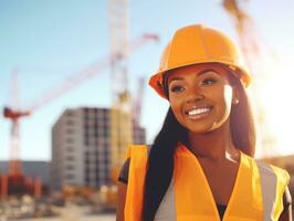 foto tiro do uma natural mulher trabalhando Como uma construção trabalhador ai generativo