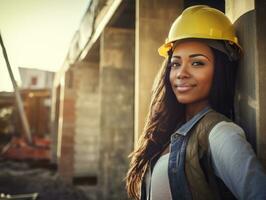 foto tiro do uma natural mulher trabalhando Como uma construção trabalhador ai generativo