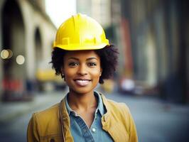 foto tiro do uma natural mulher trabalhando Como uma construção trabalhador ai generativo