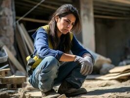 foto tiro do uma natural mulher trabalhando Como uma construção trabalhador ai generativo