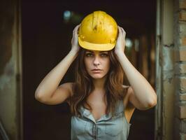 foto tiro do uma natural mulher trabalhando Como uma construção trabalhador ai generativo