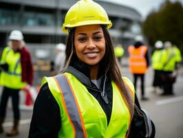 foto tiro do uma natural mulher trabalhando Como uma construção trabalhador ai generativo