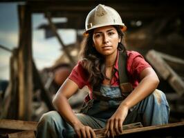 foto tiro do uma natural mulher trabalhando Como uma construção trabalhador ai generativo