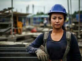 foto tiro do uma natural mulher trabalhando Como uma construção trabalhador ai generativo