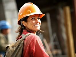 foto tiro do uma natural mulher trabalhando Como uma construção trabalhador ai generativo