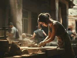 foto tiro do uma natural mulher trabalhando Como uma construção trabalhador ai generativo