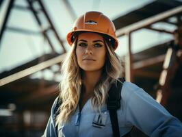 foto tiro do uma natural mulher trabalhando Como uma construção trabalhador ai generativo