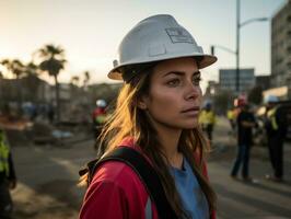 foto tiro do uma natural mulher trabalhando Como uma construção trabalhador ai generativo