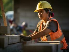 foto tiro do uma natural mulher trabalhando Como uma construção trabalhador ai generativo