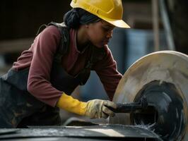 foto tiro do uma natural mulher trabalhando Como uma construção trabalhador ai generativo