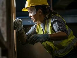 foto tiro do uma natural mulher trabalhando Como uma construção trabalhador ai generativo