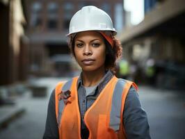 foto tiro do uma natural mulher trabalhando Como uma construção trabalhador ai generativo