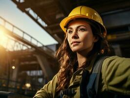 foto tiro do uma natural mulher trabalhando Como uma construção trabalhador ai generativo