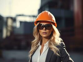 foto tiro do uma natural mulher trabalhando Como uma construção trabalhador ai generativo