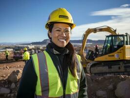 foto tiro do uma natural mulher trabalhando Como uma construção trabalhador ai generativo