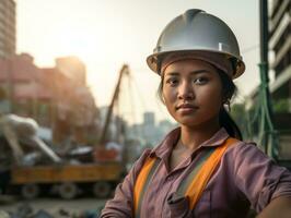 foto tiro do uma natural mulher trabalhando Como uma construção trabalhador ai generativo