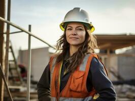 foto tiro do uma natural mulher trabalhando Como uma construção trabalhador ai generativo