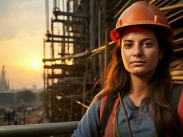 foto tiro do uma natural mulher trabalhando Como uma construção trabalhador ai generativo