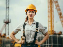 foto tiro do uma natural mulher trabalhando Como uma construção trabalhador ai generativo