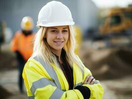 foto tiro do uma natural mulher trabalhando Como uma construção trabalhador ai generativo