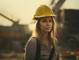 foto tiro do uma natural mulher trabalhando Como uma construção trabalhador ai generativo