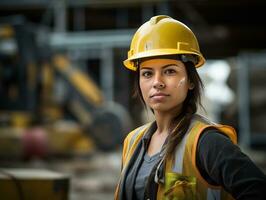 foto tiro do uma natural mulher trabalhando Como uma construção trabalhador ai generativo